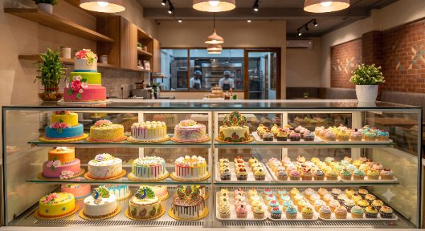 A bakery counter, festive order boxes stacked