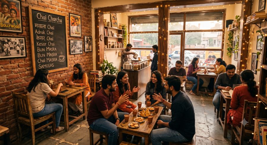 A packed café at 11pm, every table deep in chai and conversation