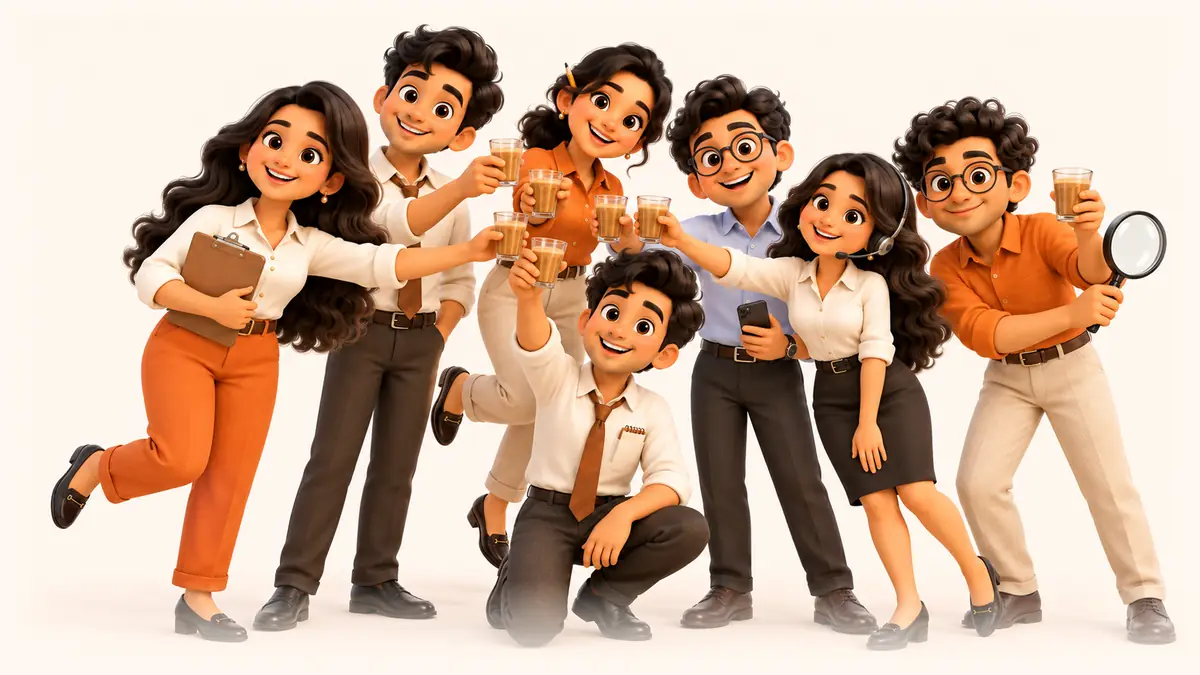 The seven 3D team members stand together, smiling, and raise small glasses of masala chai.