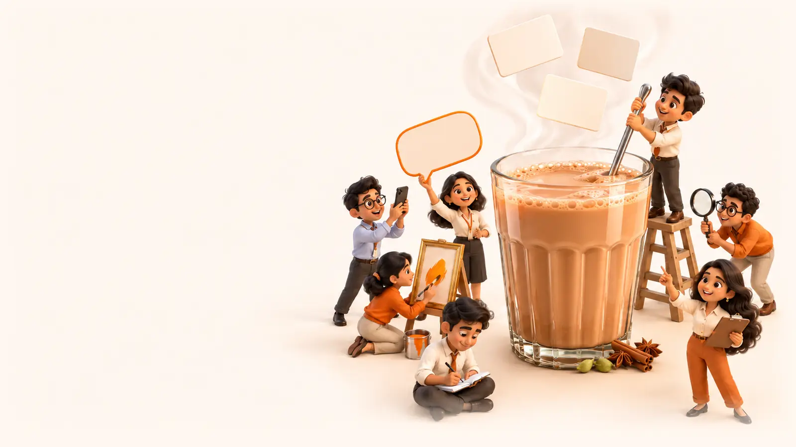 A giant glass of masala chai, with steam rising. A small 3D team works around it: one stirs the chai from a ladder, one paints a picture, one writes in a notebook, one holds up a phone, one holds a speech bubble, one looks through a magnifying glass, and one points with a clipboard.