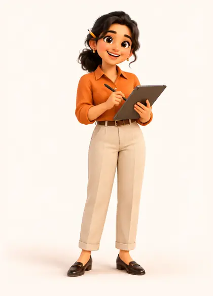 The Designer: a 3D woman with a pencil behind her ear, drawing on a tablet.