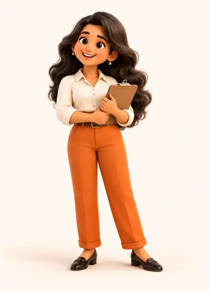 The Marketing Manager: a smiling 3D woman in orange trousers, holding a clipboard.
