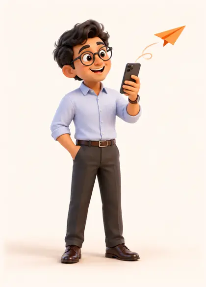 The Publisher: a 3D man in glasses holding up a phone, with a paper plane flying from it.
