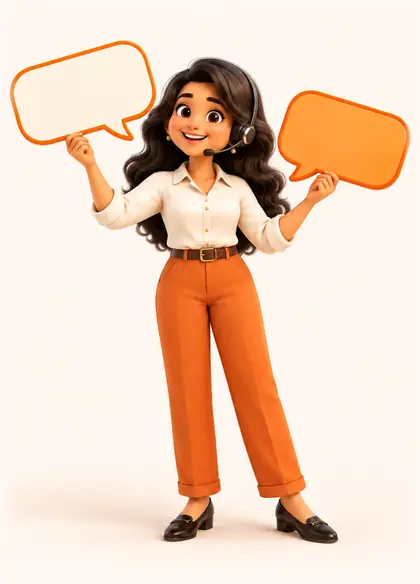 The Replier: a 3D woman wearing a headset, holding up two speech bubbles.