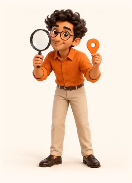The Search Expert: a 3D man in glasses with a large magnifying glass and a map pin.