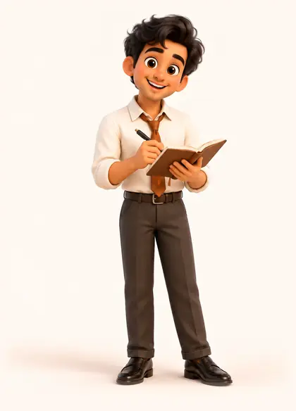 The Writer: a 3D man writing in a notebook with a pen.