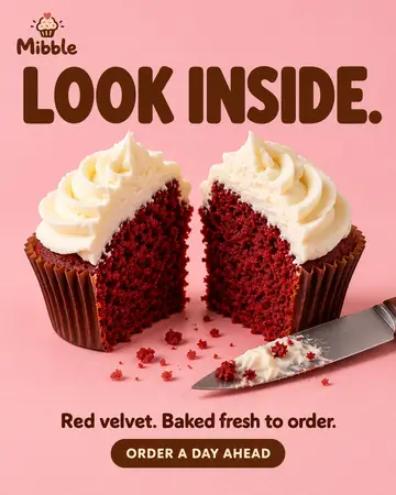 Example post for Mibble, a made-up bakery: a red velvet cupcake cut in half, under the words Look inside.