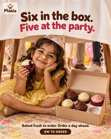 Example post for Mibble, a made-up bakery: a smiling girl with cream on her nose sits under a party table beside a box of cupcakes, under the words Six in the box. Five at the party.
