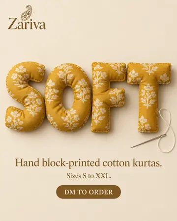 Example post for Zariva, a made-up boutique: the word Soft made of soft, block-printed yellow cotton.