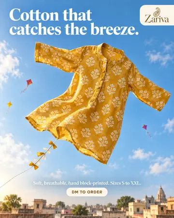 Example post for Zariva, a made-up boutique: a yellow cotton kurta flies like a kite over a city, under the words Cotton that catches the breeze.