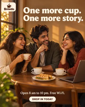 Example post for Brewdo, a made-up cafe: three friends laugh over coffee, under the words One more cup. One more story.
