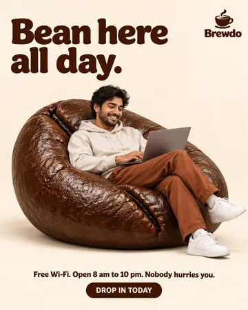 Example post for Brewdo, a made-up cafe: a man with a laptop relaxes in a bean bag shaped like a coffee bean, under the words Bean here all day.