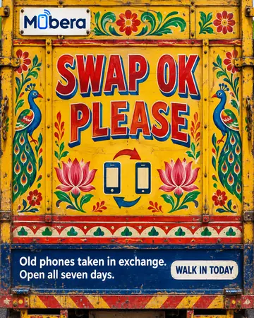 Example post for Mobera, a made-up mobile shop: a painted truck back that says Swap OK Please, with two phone icons.