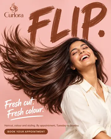 Example post for Curlora, a made-up salon: a laughing woman flips her long hair under the giant word Flip.