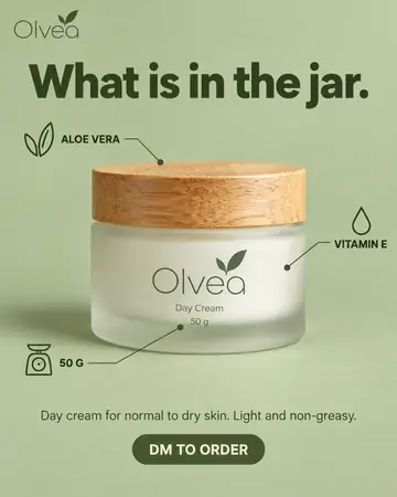Example post for Olvea, a made-up skincare brand: a jar of day cream with labels for aloe vera and vitamin E, under the words What is in the jar.