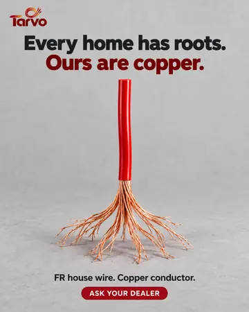 Example post for Tarvo, a made-up electric wire maker: a red wire spreads copper strands like roots, under the words Every home has roots. Ours are copper.