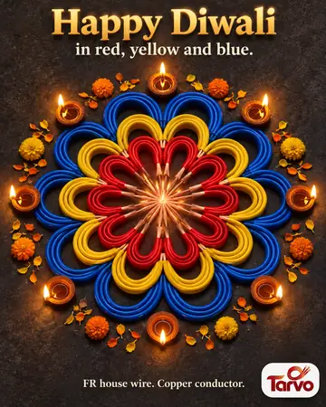 Example Diwali post for Tarvo, a made-up electric wire maker: a rangoli made of red, yellow and blue wires, ringed by lit diyas.