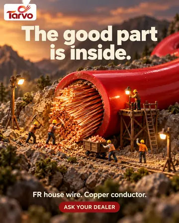 Example post for Tarvo, a made-up electric wire maker: tiny miners dig copper out of a giant red wire, under the words The good part is inside.