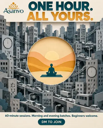 Example post for Asanvo, a made-up yoga studio: a calm sunset circle with a person in meditation, cut into a busy paper city, under the words One hour. All yours.