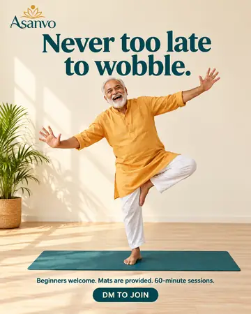 Example post for Asanvo, a made-up yoga studio: a happy older man balances on one leg, under the words Never too late to wobble.